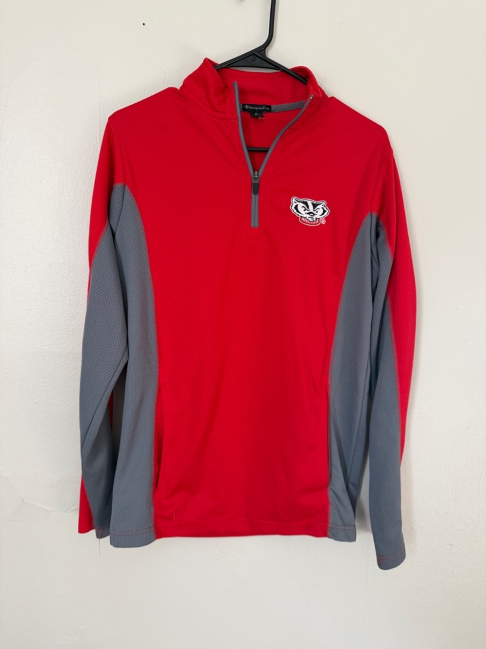 Champion Red and Gray Quarter-Zip Pullover with Wisconsin Badger Patch